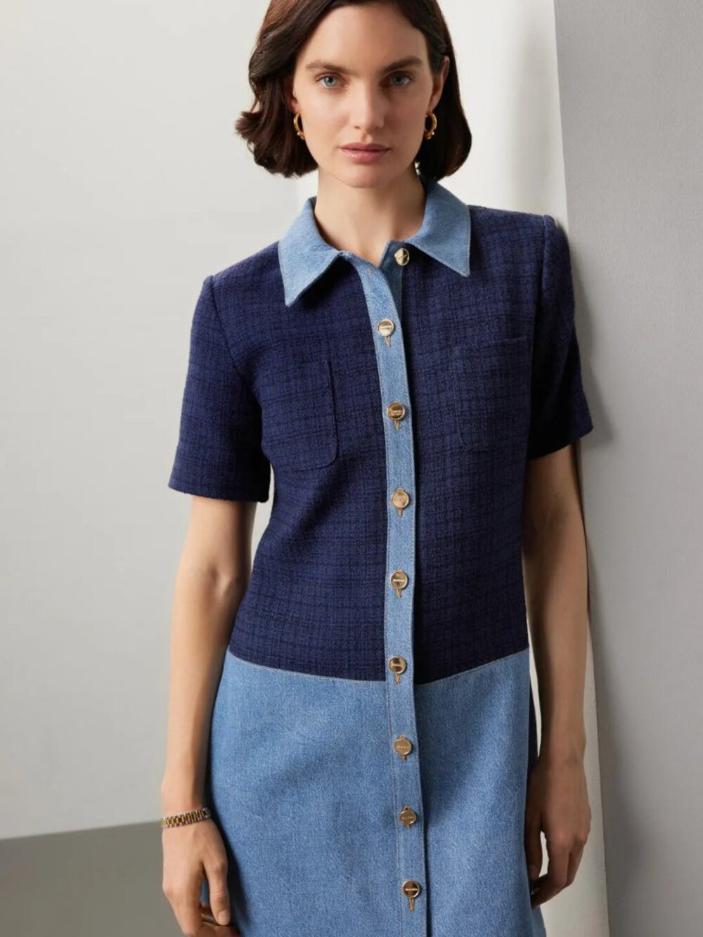 Sandro - Brooke Mixed Media Shirt Dress Colorblock Denim Mini Dress US 38
